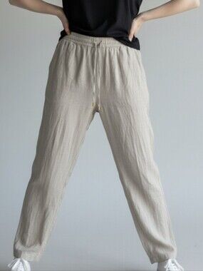 Ellen Tracy Linen Casual Elastic-Waist Pants in Light Beige. Size Large.